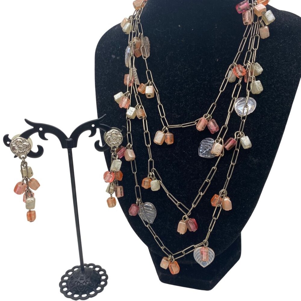 Pink Silver Tone Necklace Earring Set Leaf Accents 46" Paperclip Chain 2" Dangle